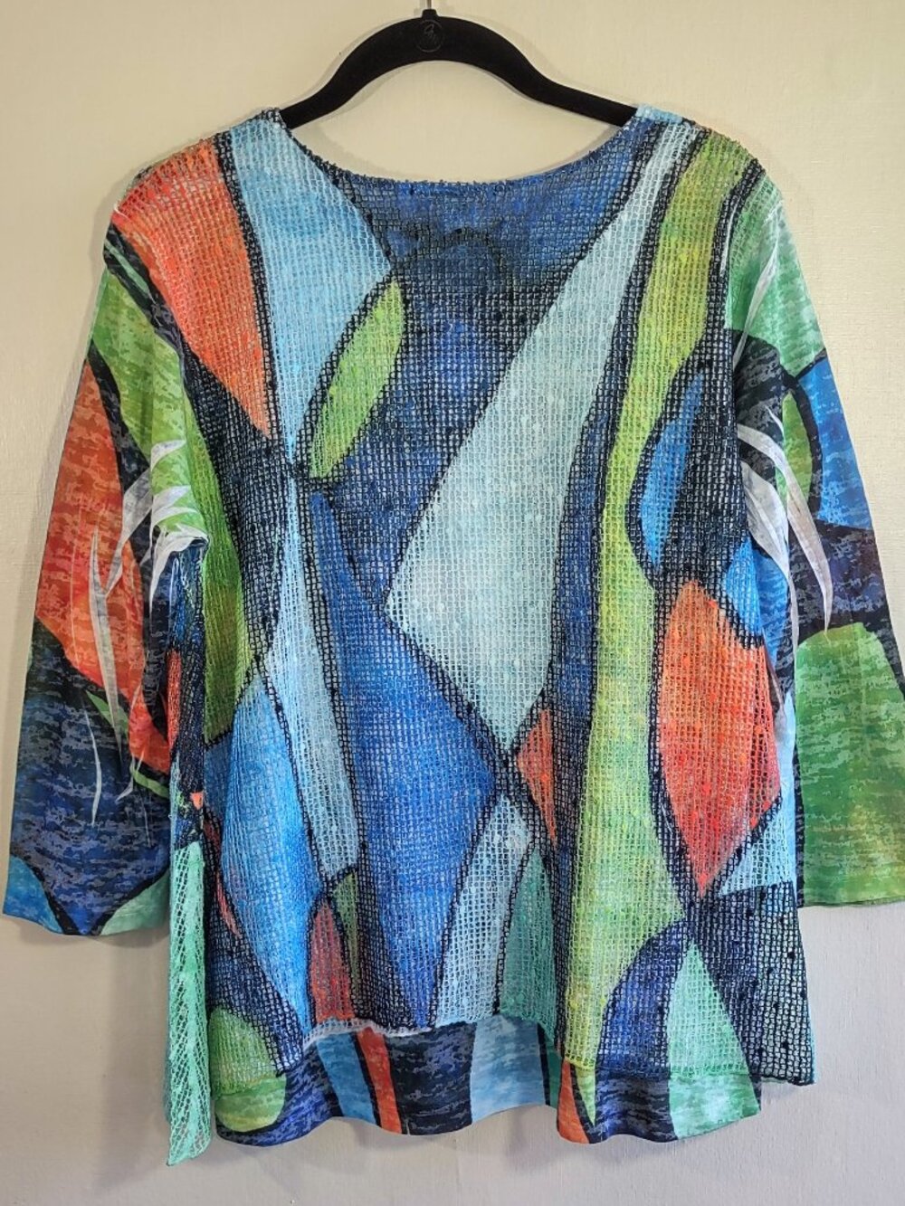 Jess & Jane Vibrant Top w/ Overlay Sz Small 3/4 Sleeve Artsy Boho Abstract - Picture 5 of 6